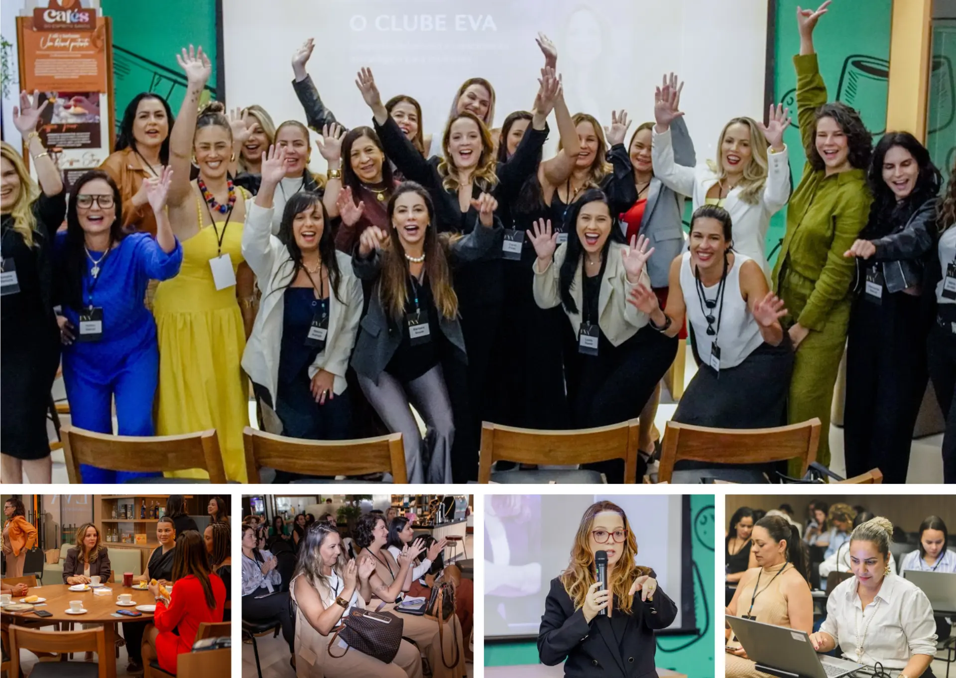 Colagem de momentos do Clube EVA: encontros, mentorias e conexões entre mulheres protagonistas